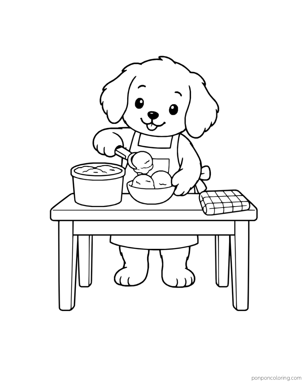 A puppy in an apron scooping ice cream into a bowl beside an open tub and folded checked towel on a table.