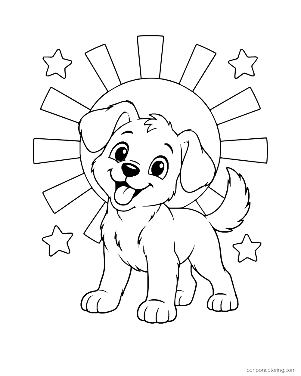 A standing puppy appears before broad sun rays with four small stars around it.