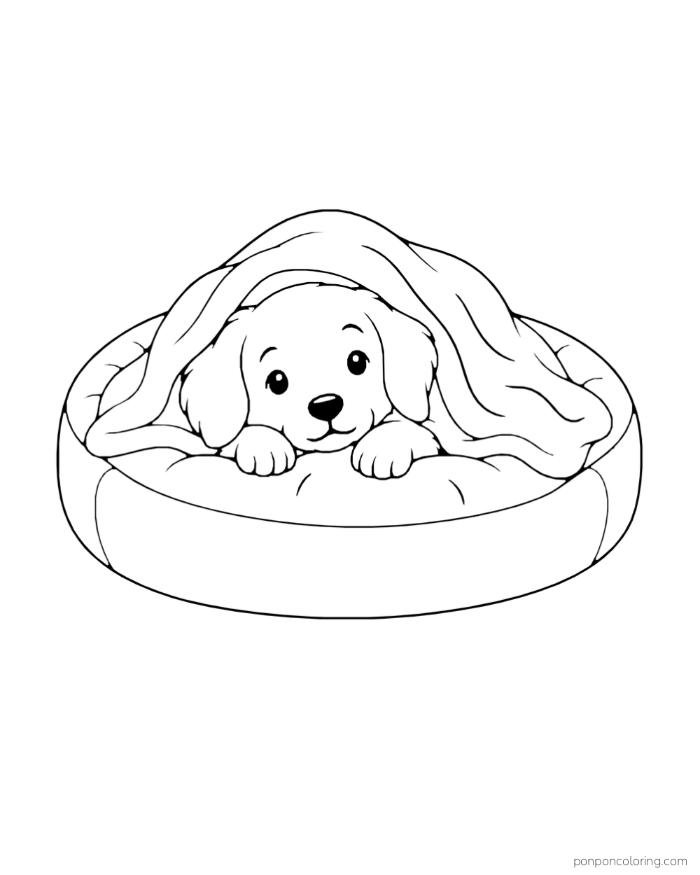 A puppy peeks out from beneath a blanket in a round cushioned bed.