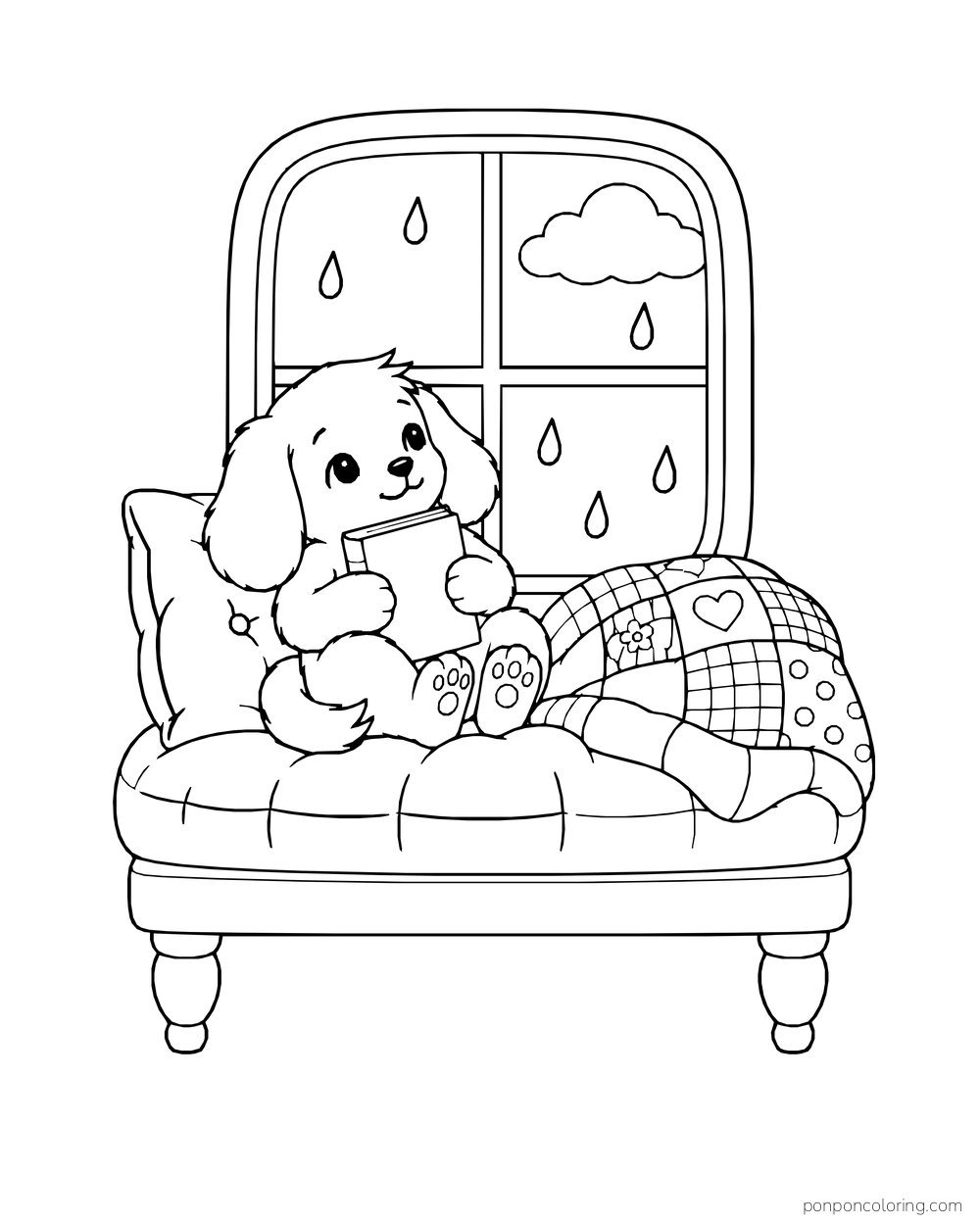 A puppy sitting with a closed book on a cushioned bench beside a rainy window, pillow, and patchwork blanket.