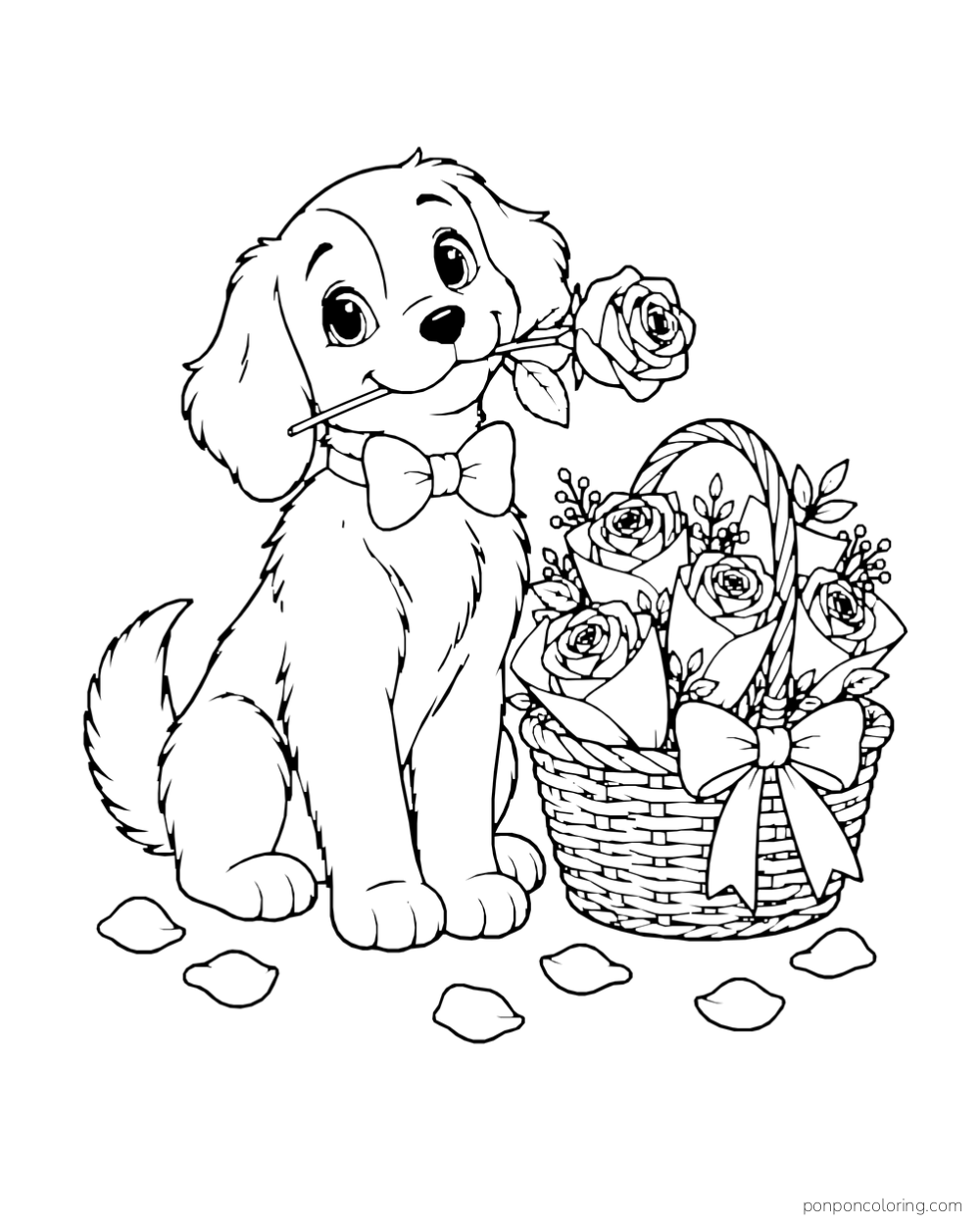 A puppy in a bow tie holds a rose beside a basket of flowers and scattered petals.