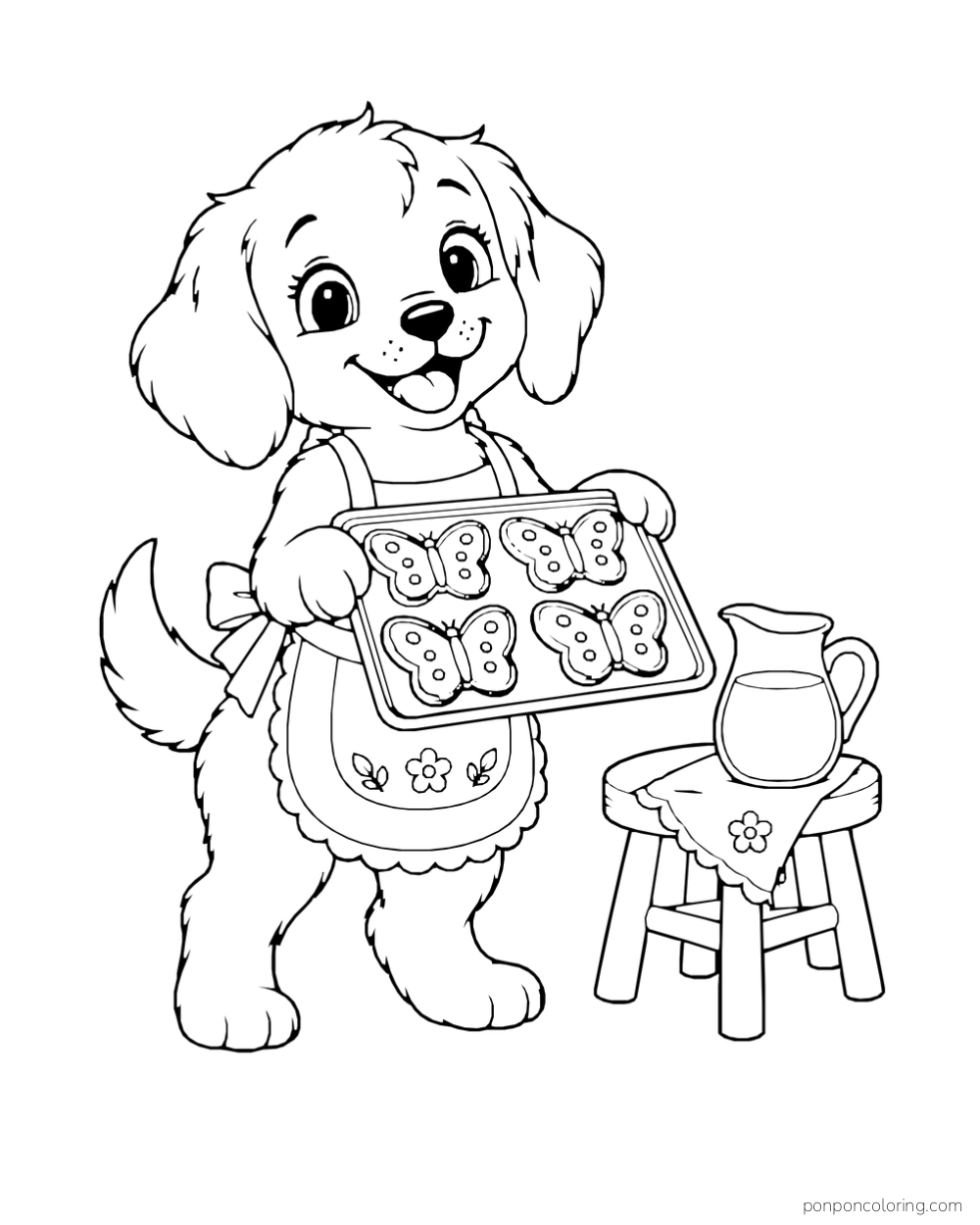 A puppy wearing an apron holds a tray of butterfly cookies beside a milk jug on a stool.