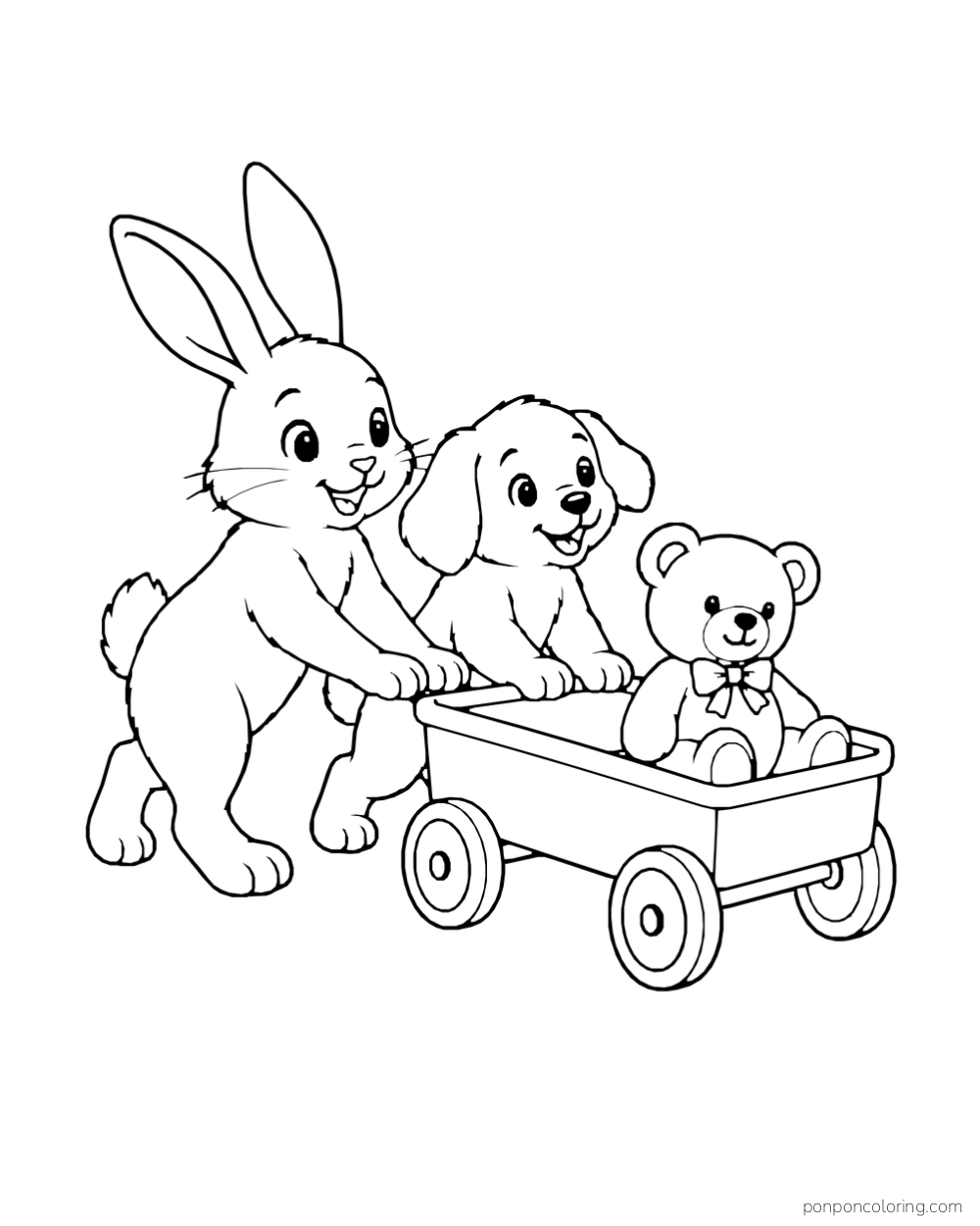A rabbit and puppy push a little wagon carrying a stuffed bear.