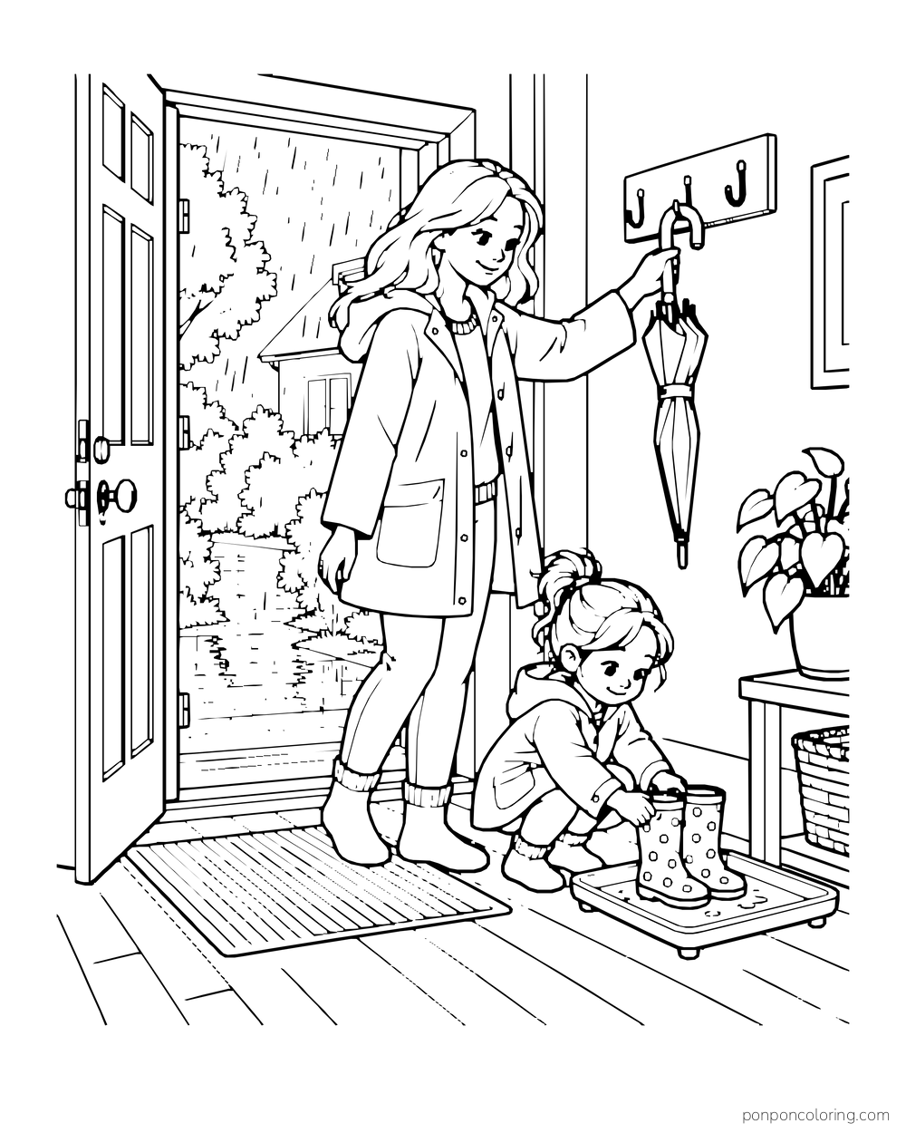 An adult hangs an umbrella while a child sets boots on a tray by the door.