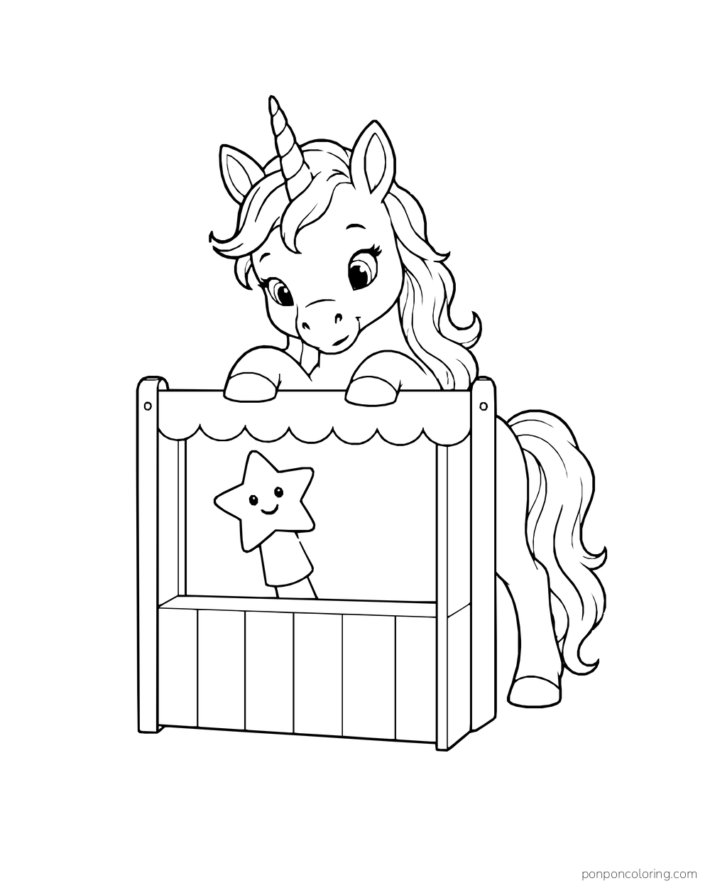 A unicorn foal peeks over a little puppet booth with a star puppet inside.