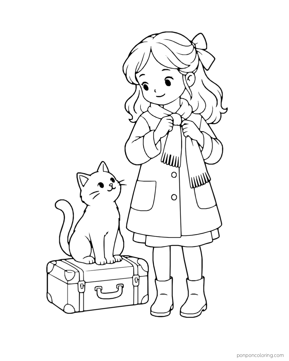A girl ties her scarf while a cat sits on a suitcase beside her.