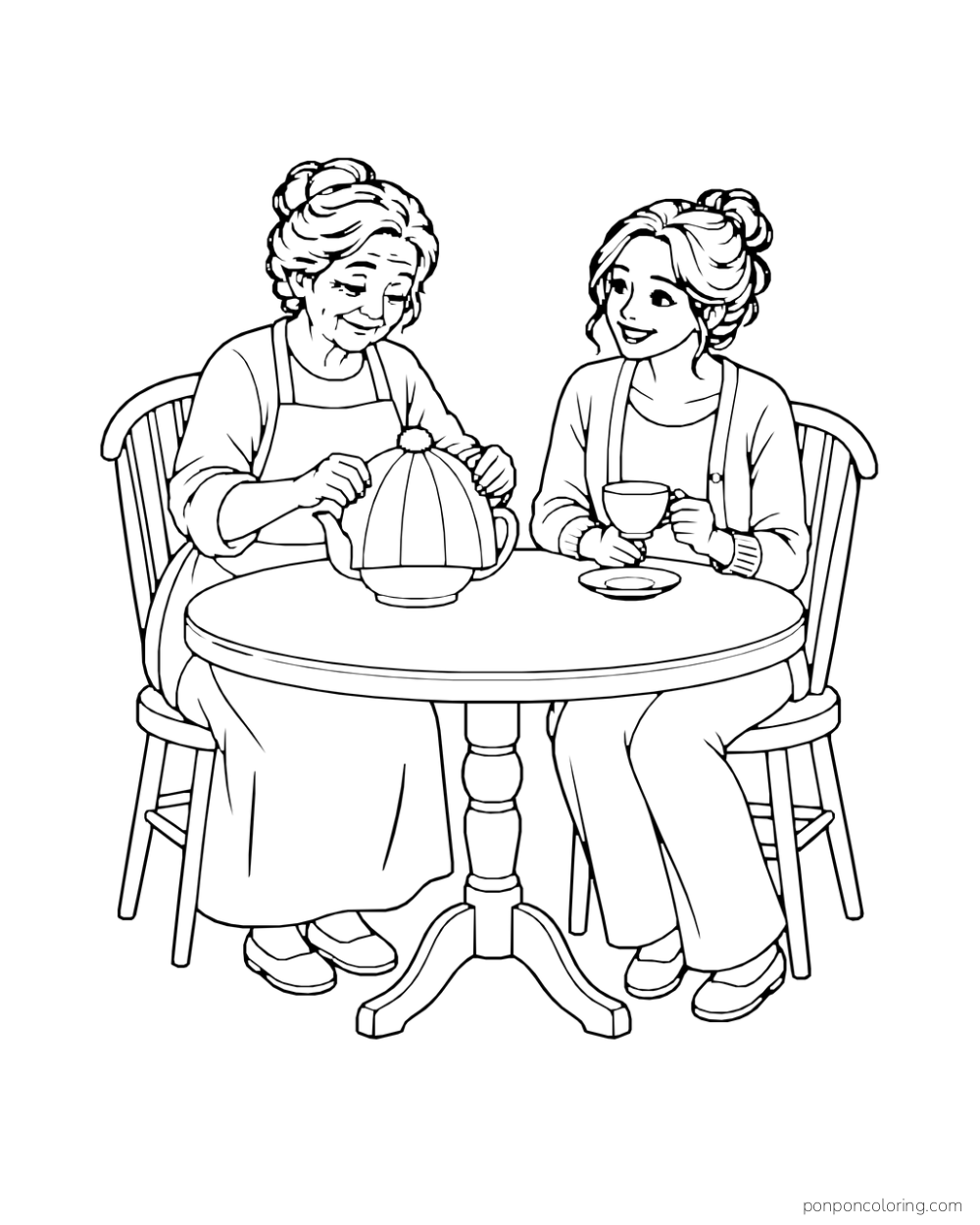 Older woman lowers a plain cloth cozy over a teapot while a visitor holds a cup.