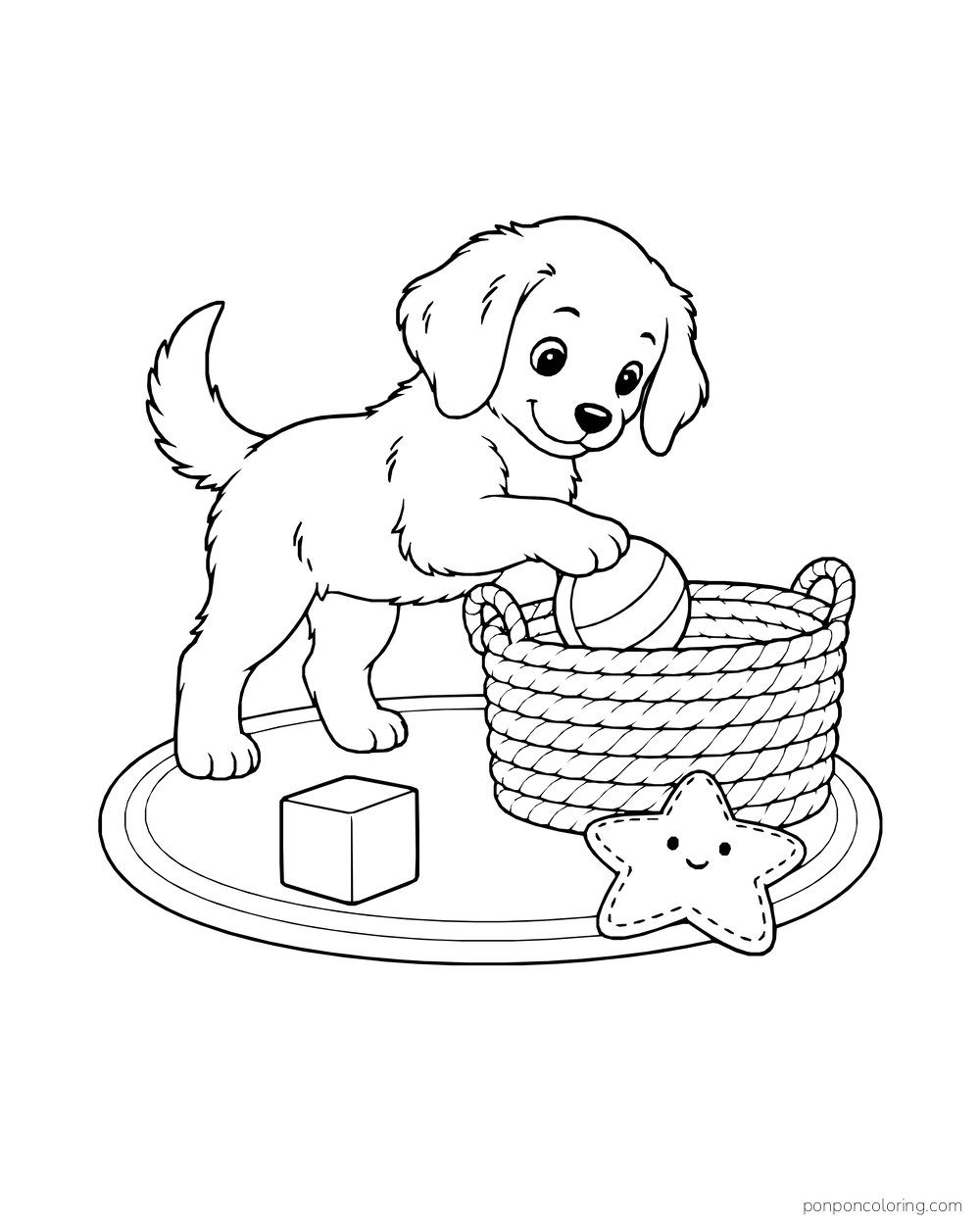 A puppy places a ball into a toy basket beside a block and plush star on a rug.