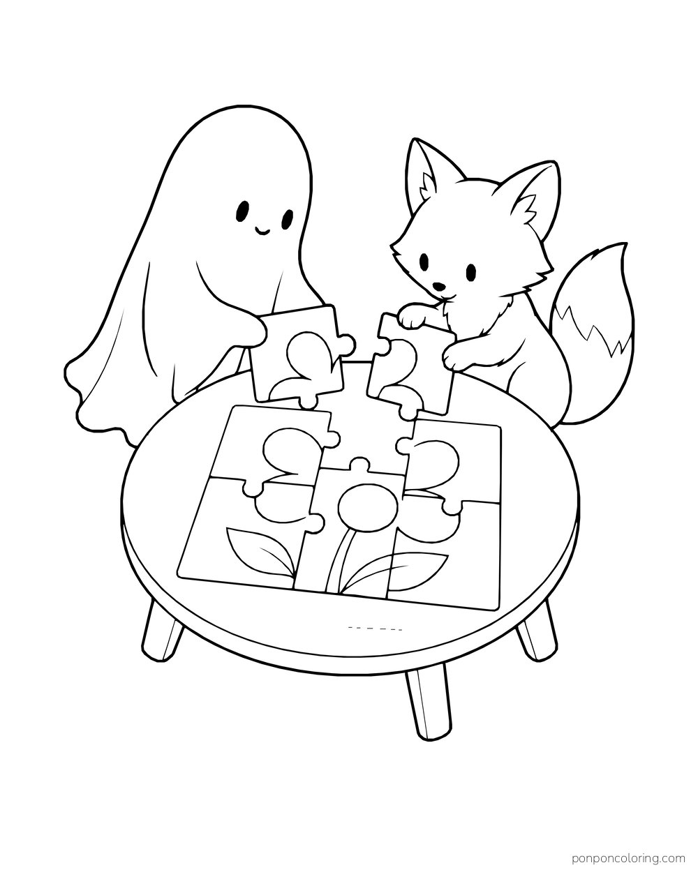 A ghost and a fox fit pieces into a flower puzzle on a table.