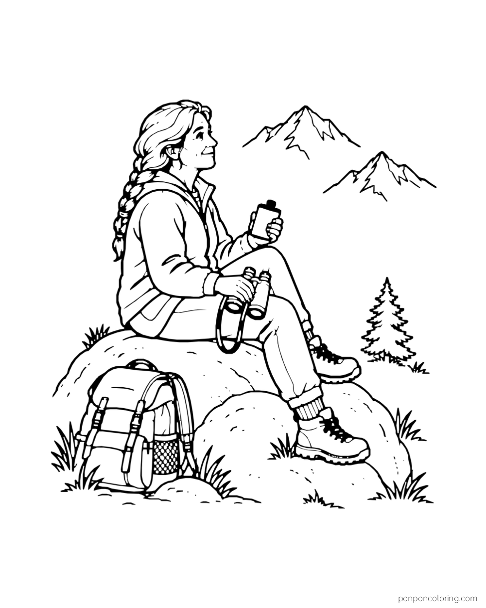 A solo camper sits on a boulder with binoculars and a flask.