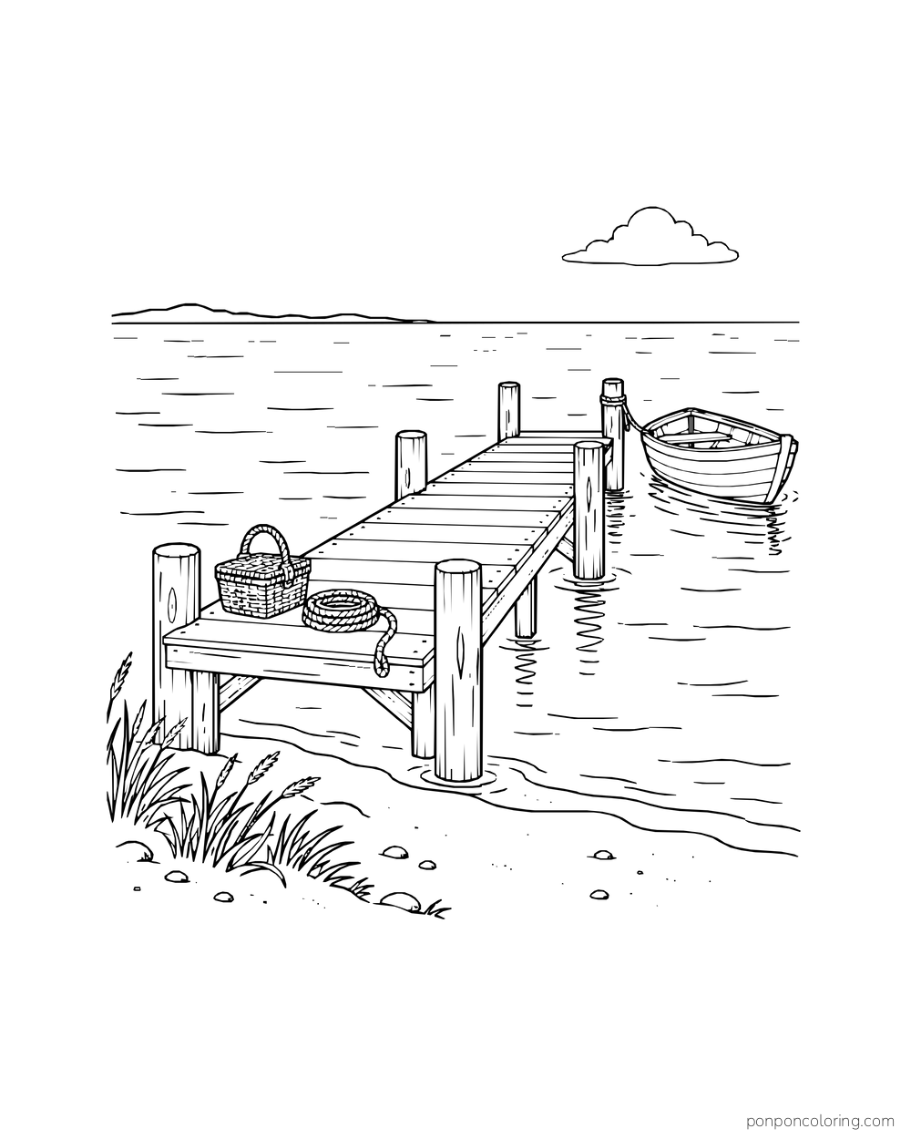 A basket and coiled rope sit on a wooden pier beside a tied rowboat.
