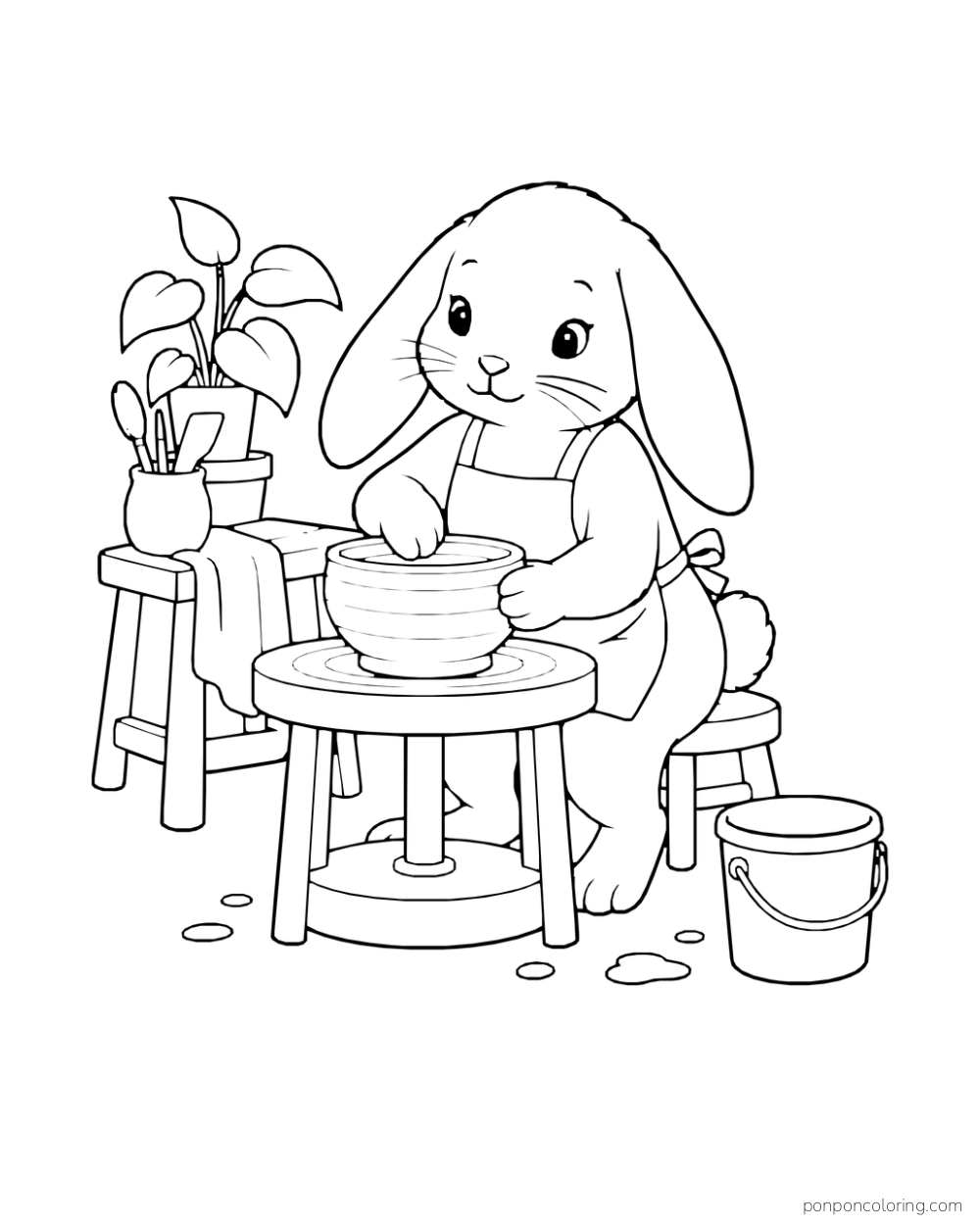 A lop-eared rabbit shapes a bowl at a pottery wheel beside tools, a plant, and a bucket.