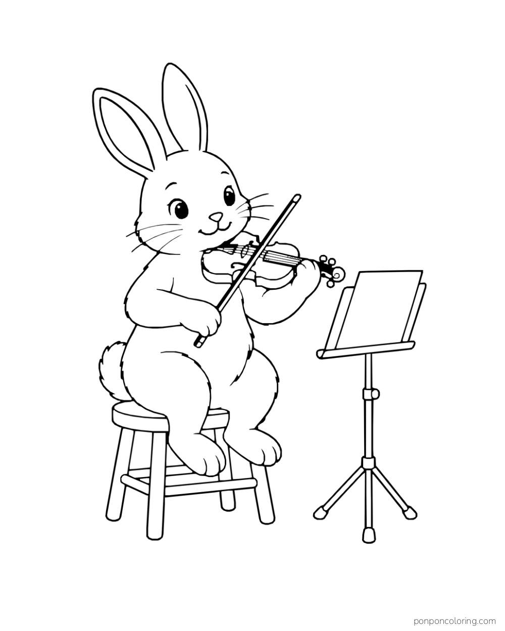 A rabbit plays a violin while seated beside a music stand with a blank sheet.