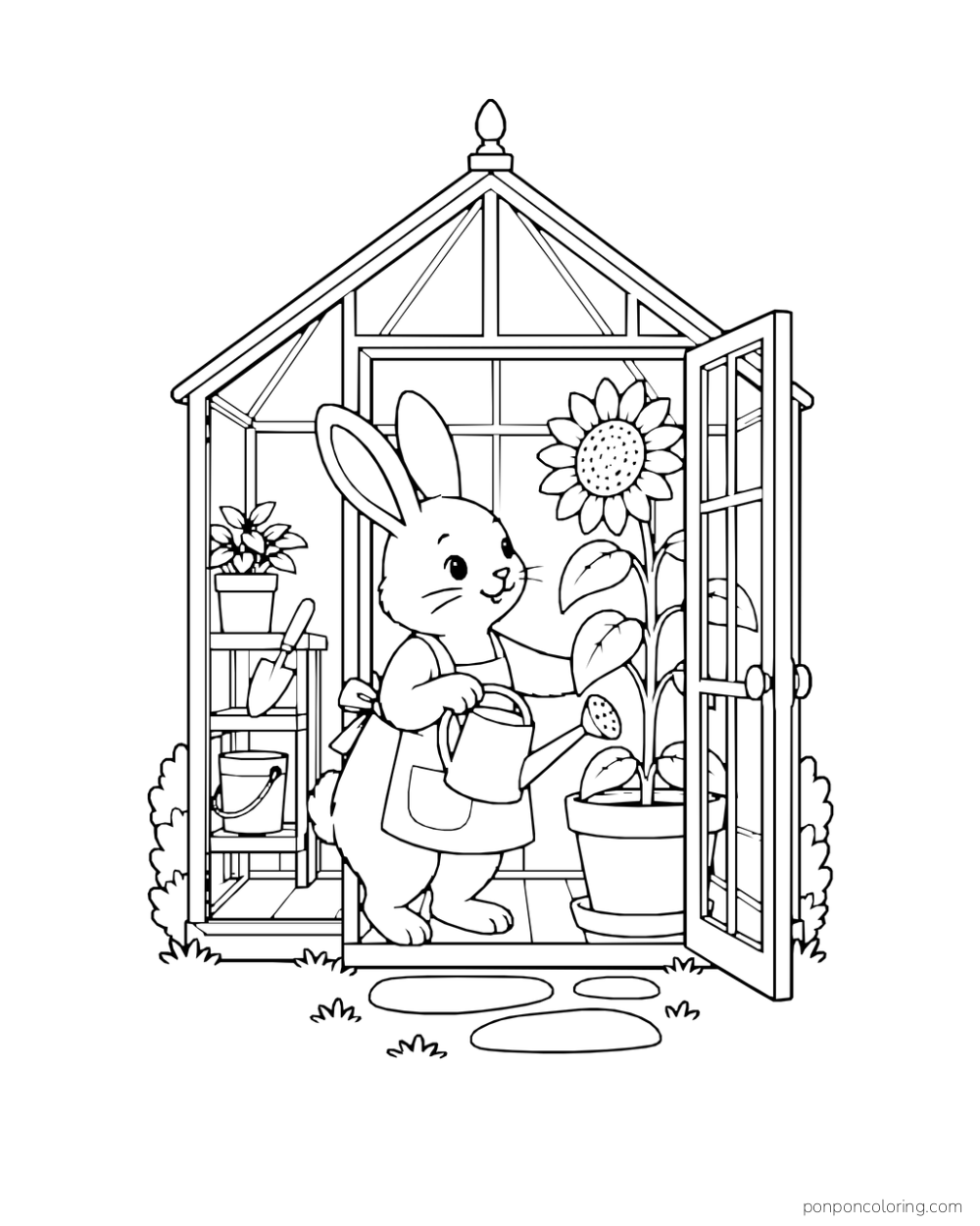 A rabbit holds a watering can inside a glasshouse with a sunflower and smaller potted plants.