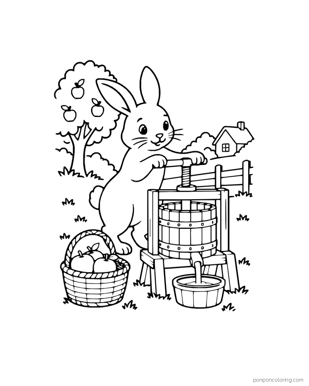 A rabbit turns an apple press beside a basket of apples and a small bucket.