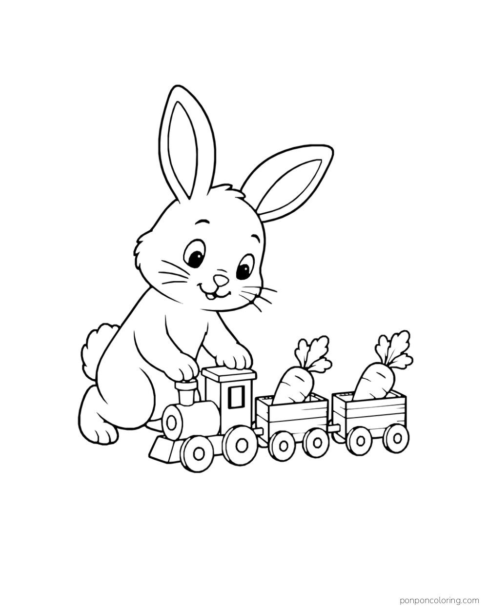 A rabbit plays with a toy train carrying carrots in two wagons.