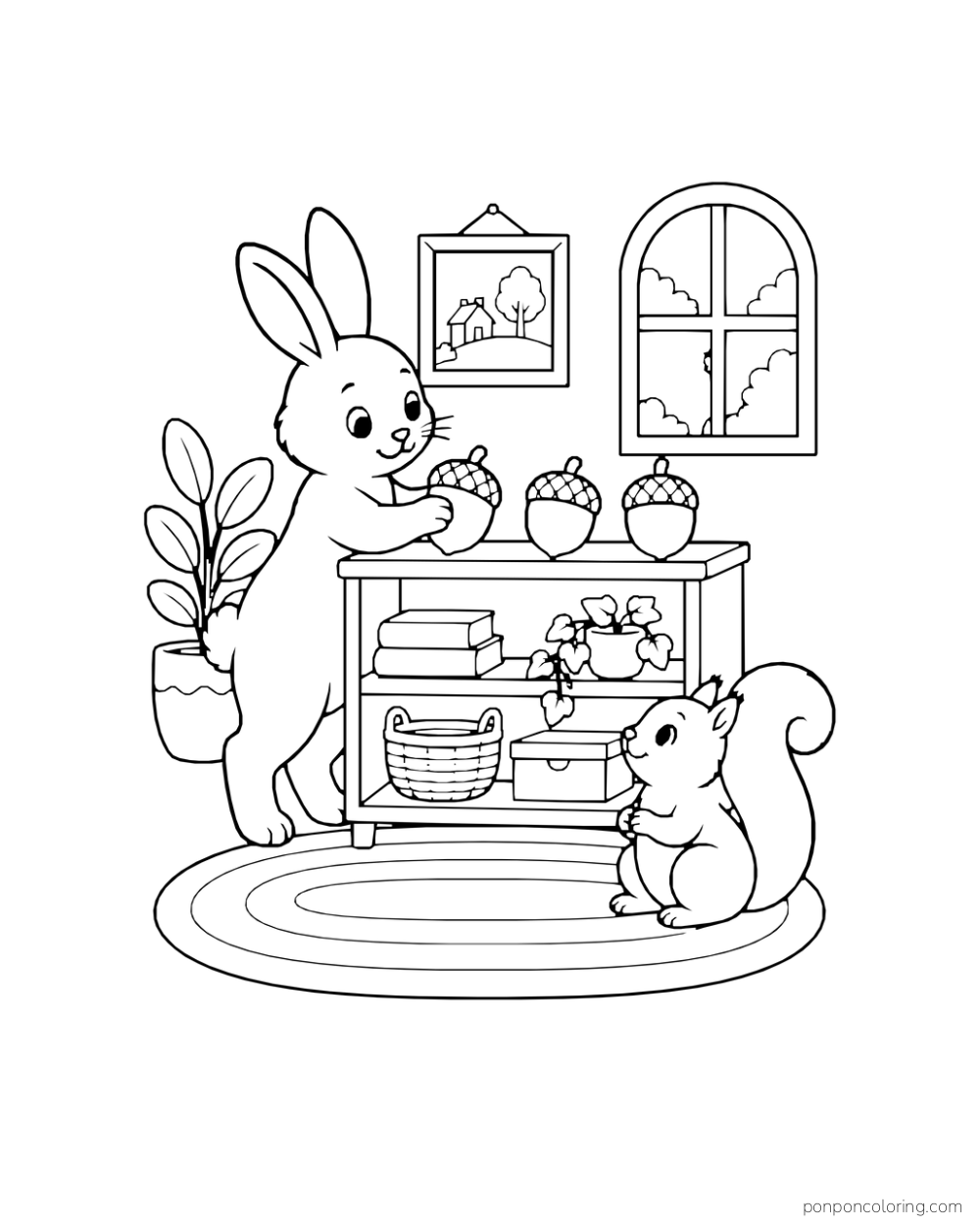 A rabbit arranges acorns on a shelf while a squirrel watches from an oval rug.