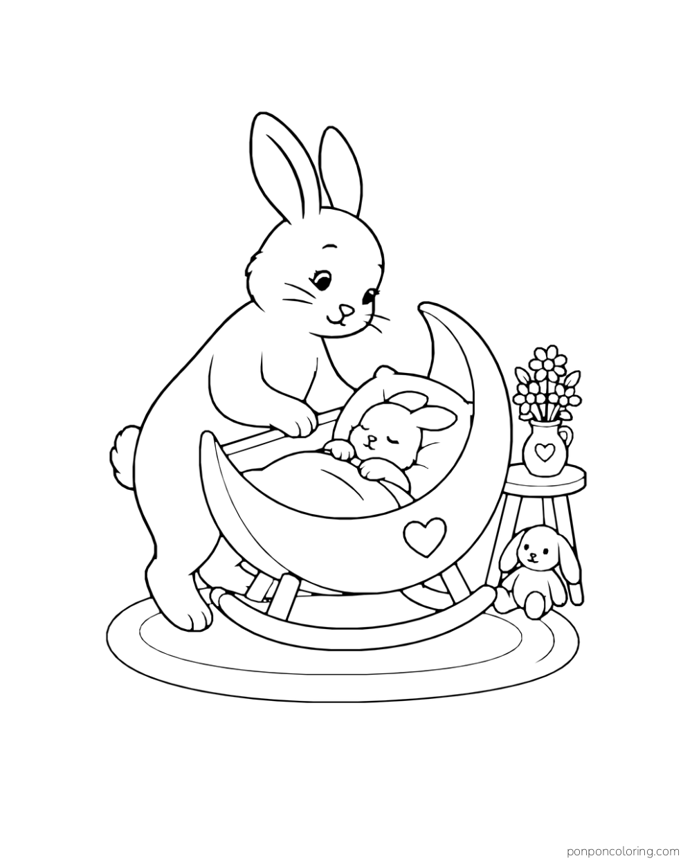 A rabbit tends a sleeping baby rabbit in a crescent cradle beside a small table and toy.