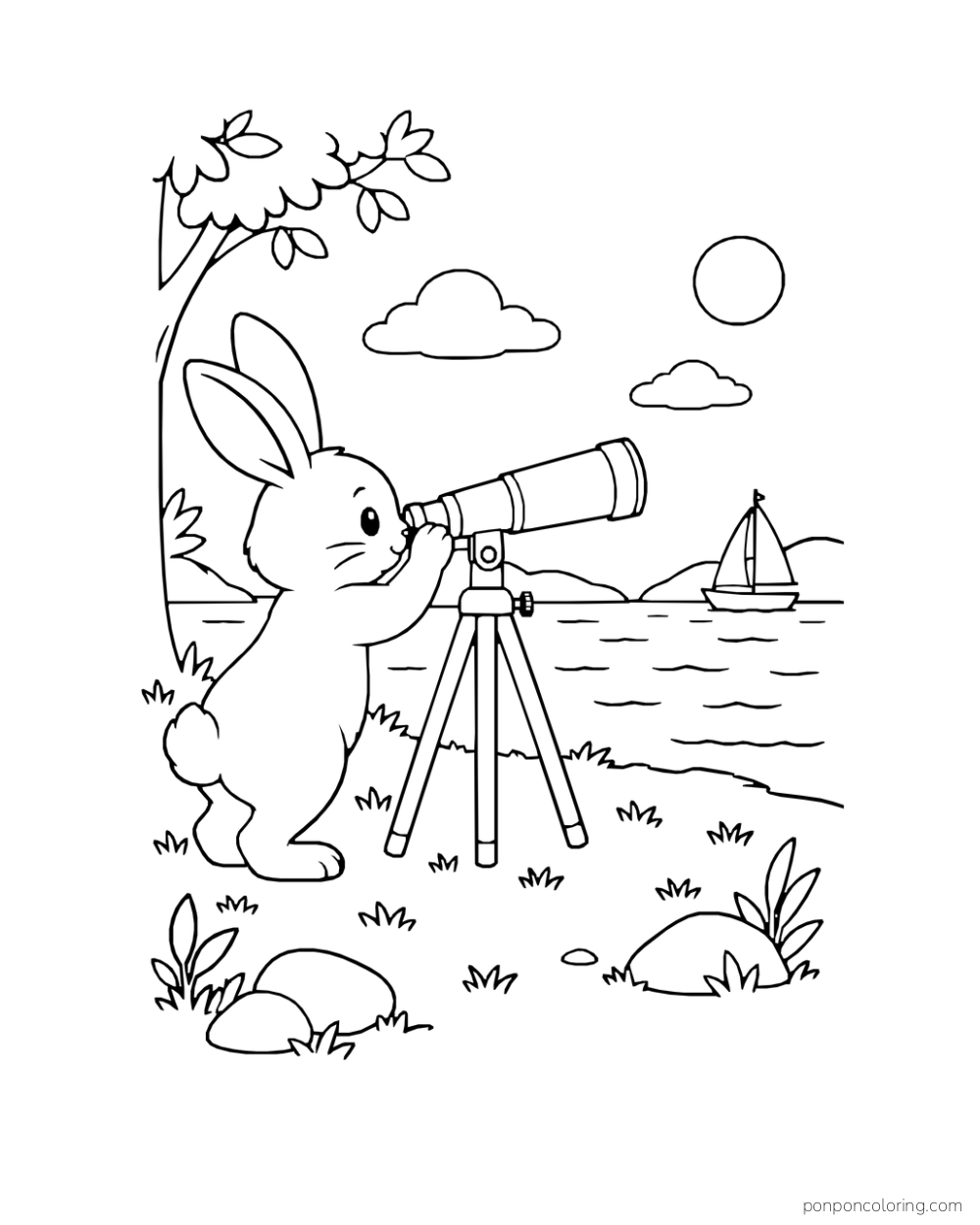 A rabbit looks through a telescope toward a sailboat on the water.