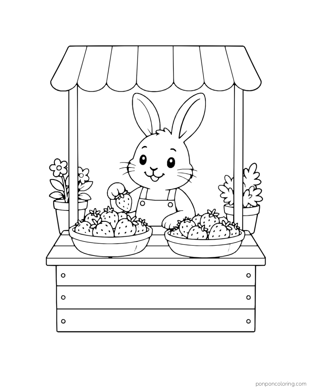 A rabbit stands behind a strawberry stall with two bowls of berries and potted plants.