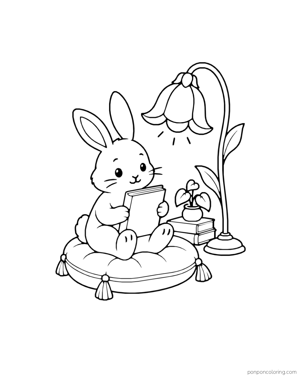 A rabbit reads on a cushion beneath a bell-flower lamp beside books and a plant.