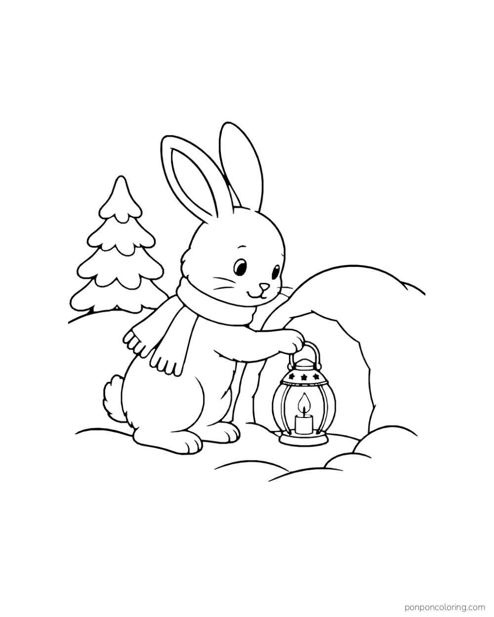 A rabbit in a scarf places a lantern inside a snow shelter beside a pine tree.