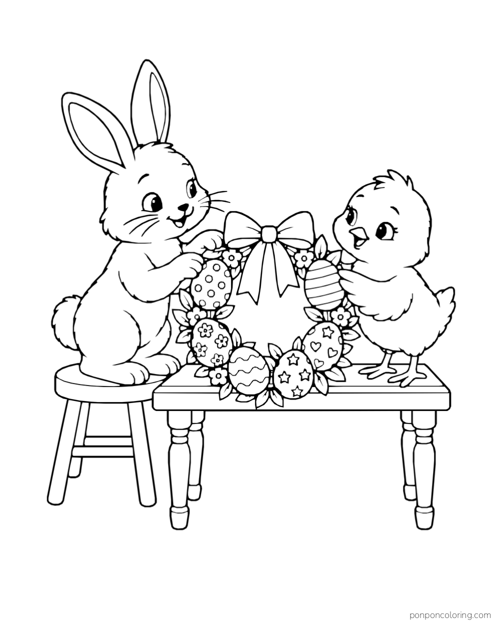 A rabbit and chick hold a wreath made of decorated Easter eggs, leaves and flowers with a large bow.