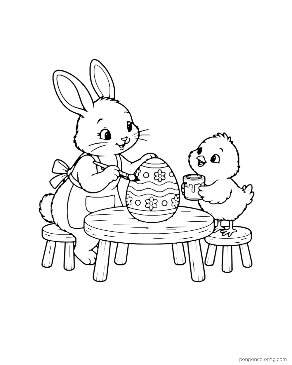 A rabbit in an apron paints a flower-patterned Easter egg at a round table while a chick holds a paint pot.