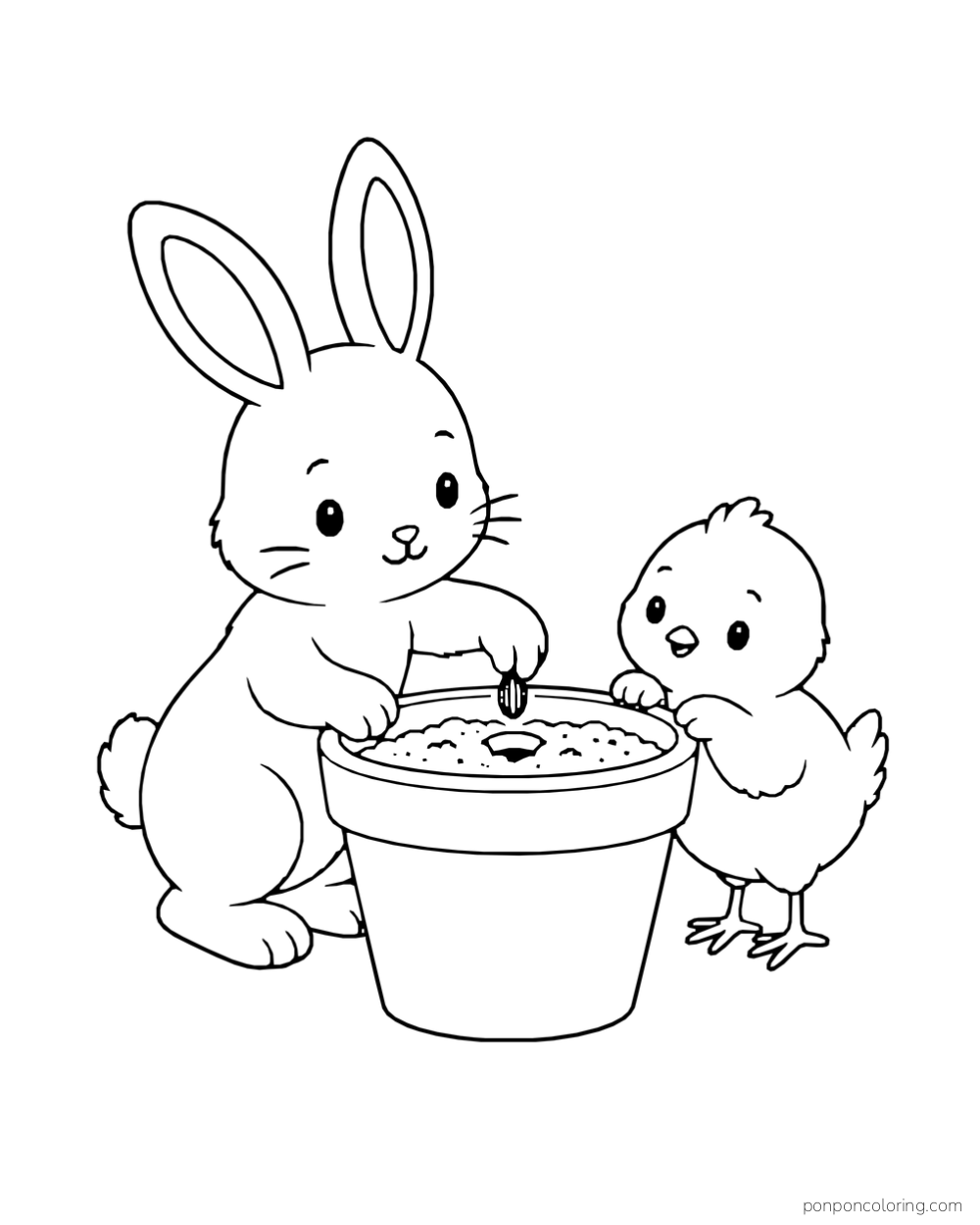 A rabbit and chick plant a seed in a large flowerpot.