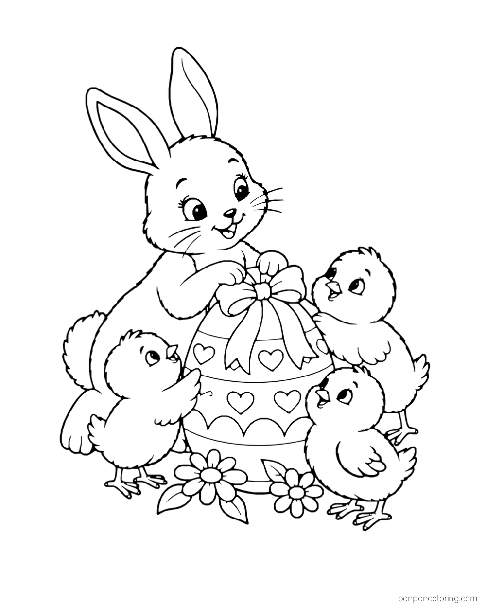 A rabbit ties a bow on a large heart-patterned Easter egg while three chicks gather around it.