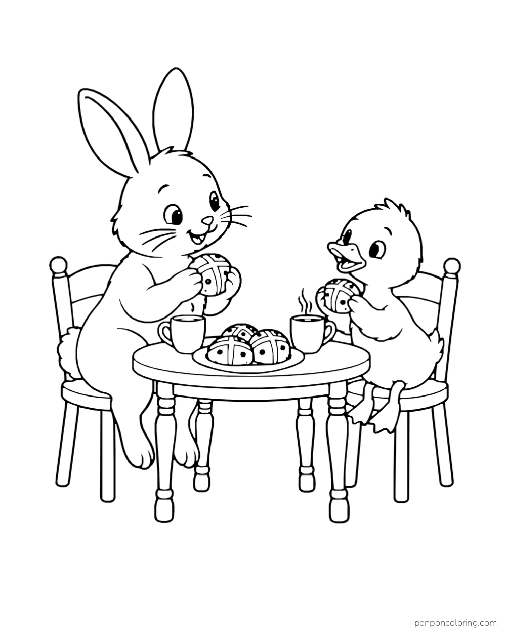 A rabbit and duckling sit at a round table holding hot cross buns beside mugs and a plate of buns.