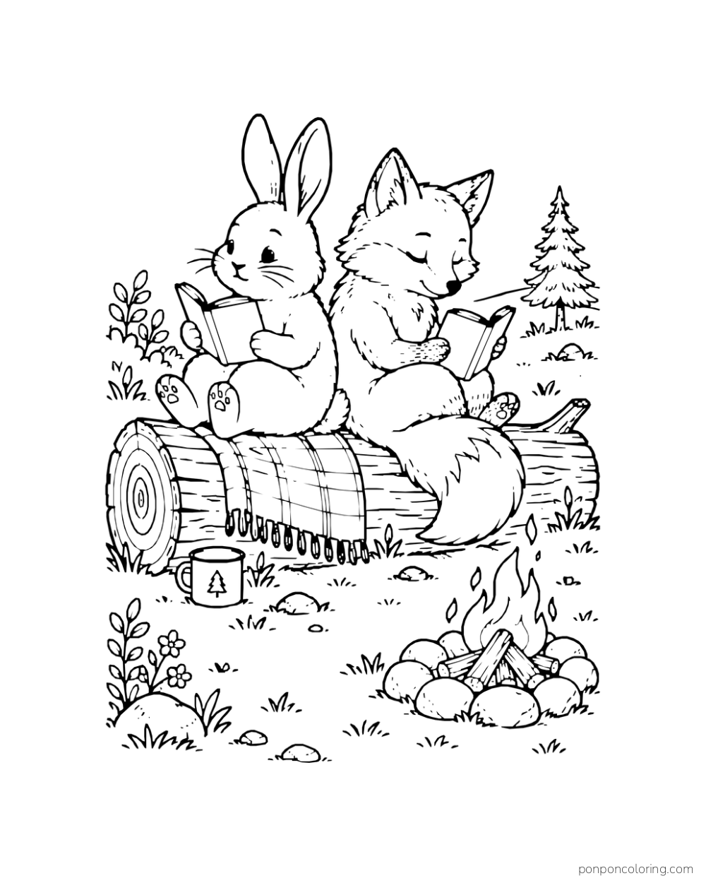 A rabbit and fox read separate books back to back on a log near a small fire.
