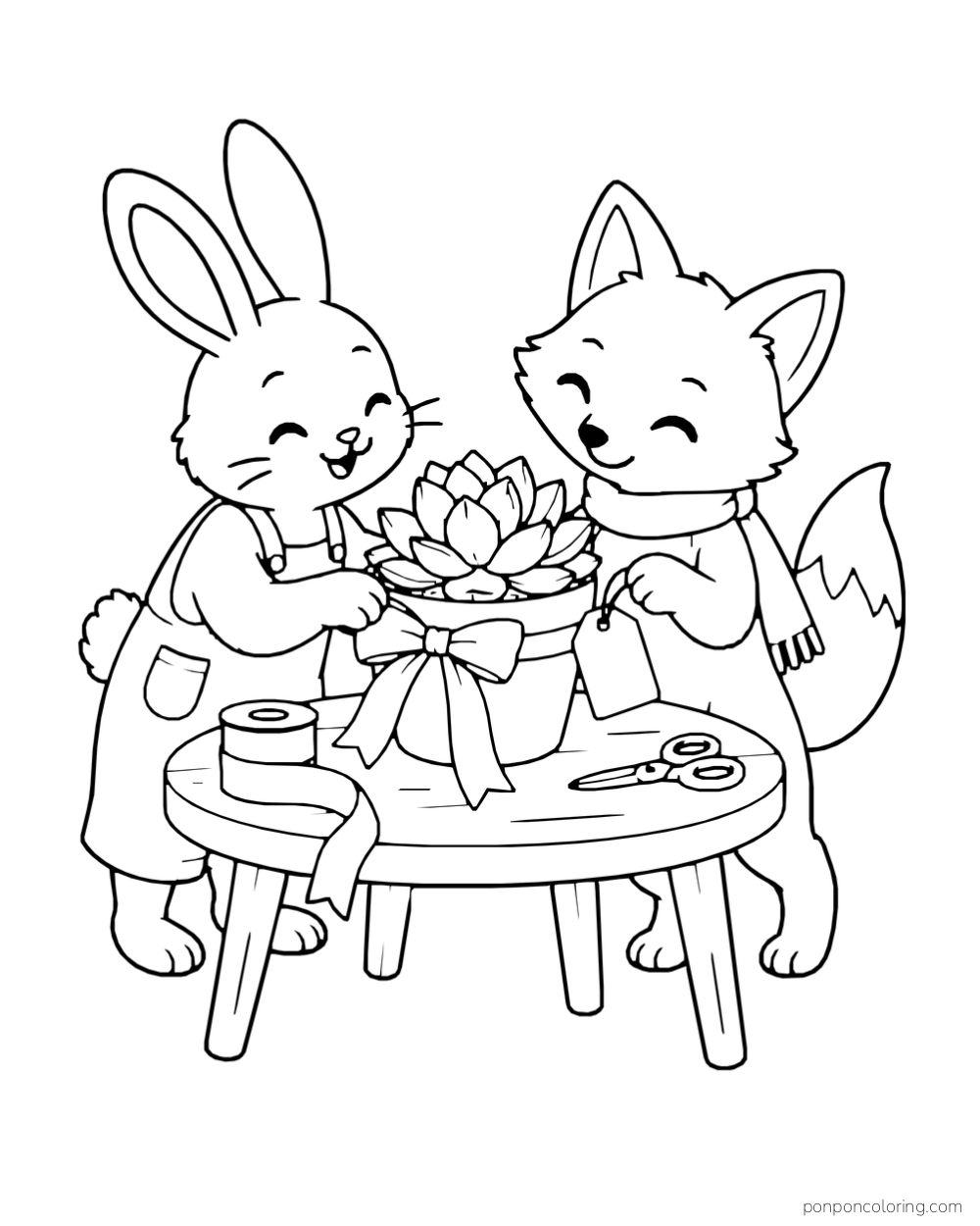 Rabbit and fox tying a wide ribbon around a rosette pot at a small table.
