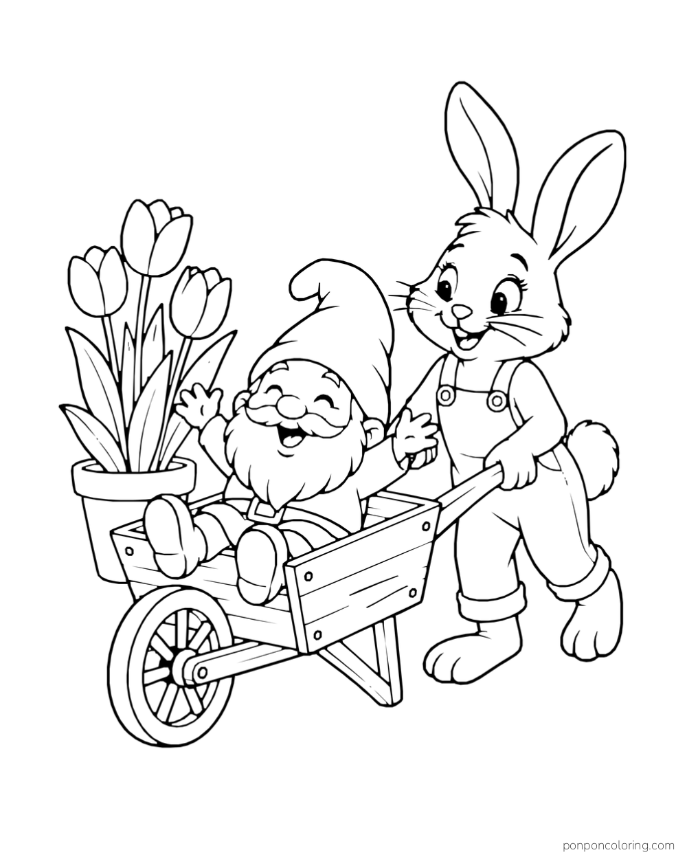 A rabbit pushes a wheelbarrow carrying a gnome and potted tulips.