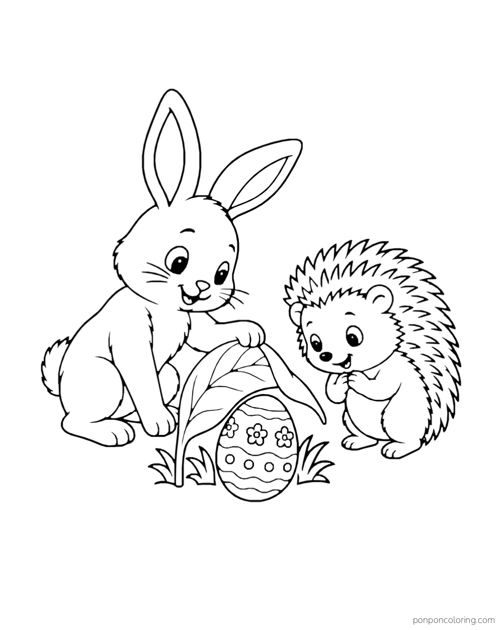 A rabbit lifts a broad leaf to reveal a flower-patterned Easter egg while a hedgehog watches.