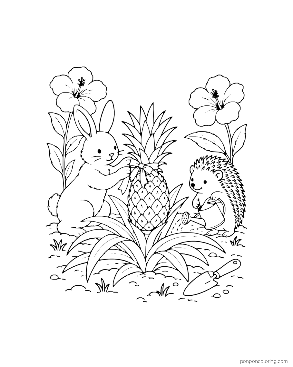 Rabbit and hedgehog beside a ripe pineapple plant between two tall flowers.