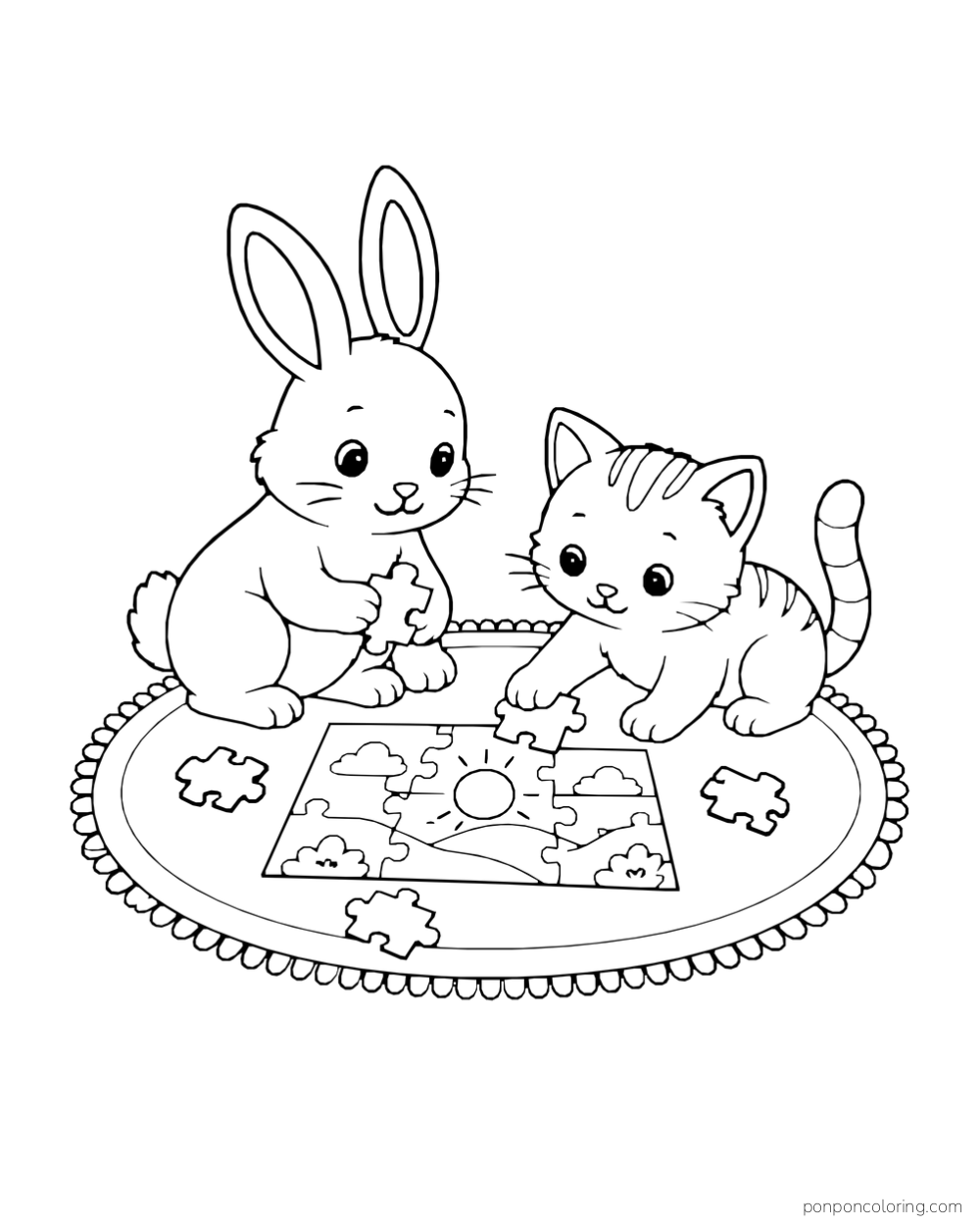 A rabbit and kitten hold jigsaw pieces beside a nearly finished landscape puzzle on an oval rug.
