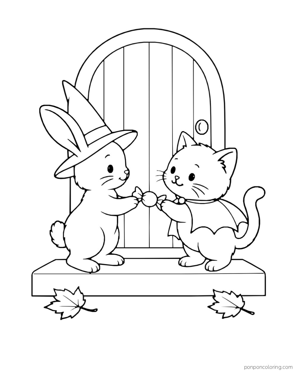 A witch-hat rabbit and bat-cape kitten exchange one wrapped candy on a doorstep before an arched door.