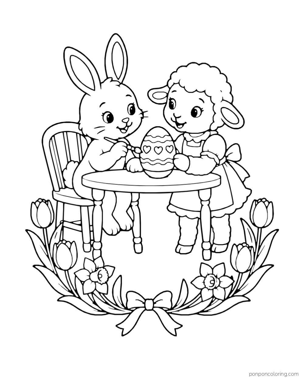 A rabbit and lamb paint a heart-patterned egg at a table framed by tulips, daffodils and a bow.