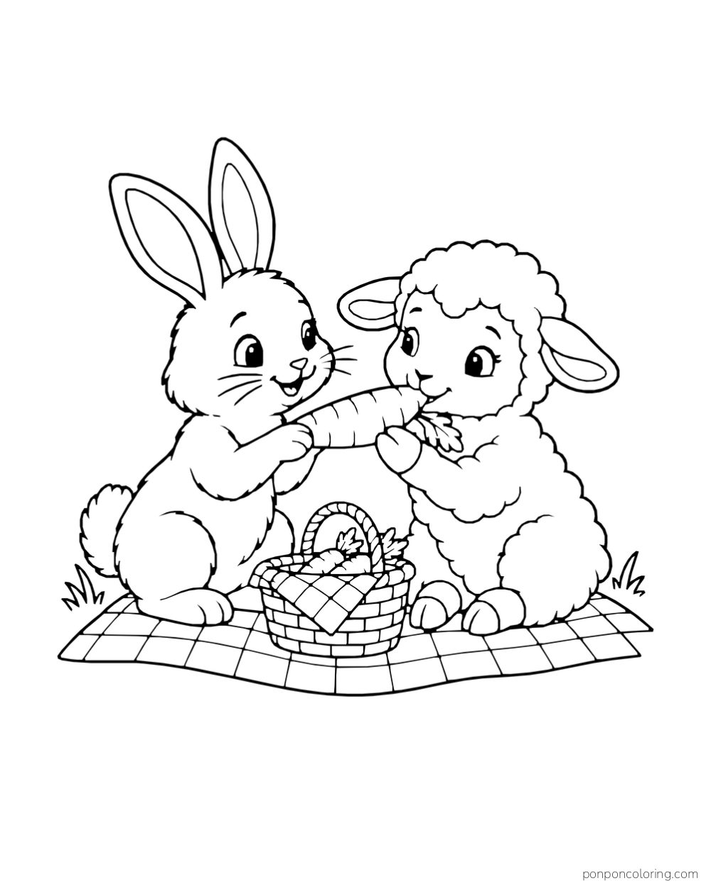 A rabbit shares a carrot with a lamb on a picnic blanket beside a basket of carrots.