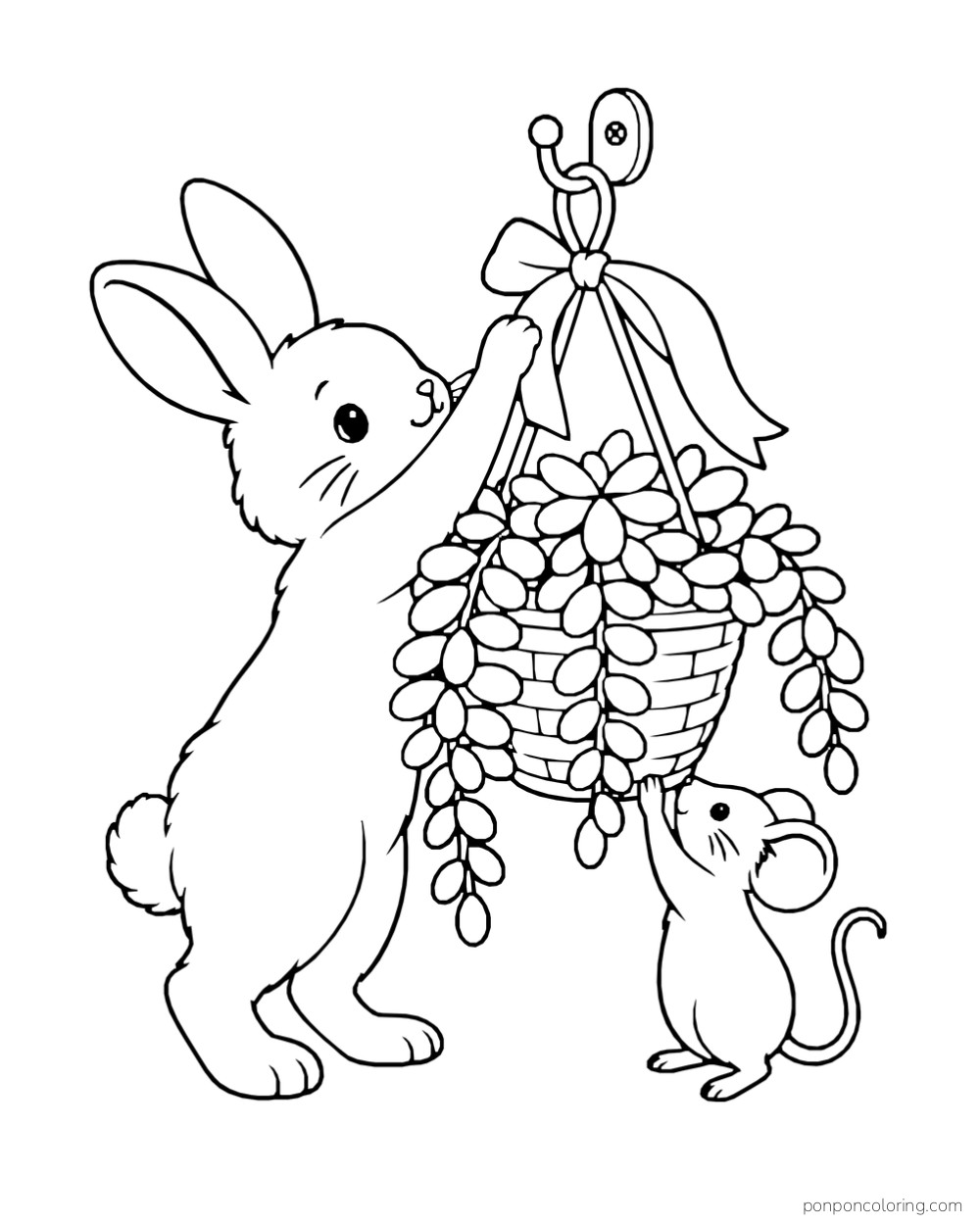 Rabbit reaching to a hook with a hanging basket of round-leaf succulent strands while a mouse stands below.