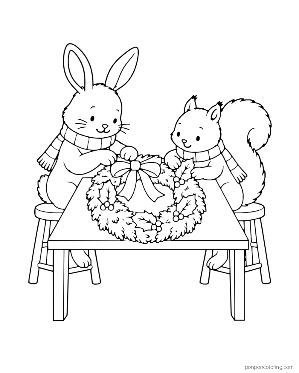A rabbit and squirrel on stools add a bow and holly to a Christmas wreath on a small table.
