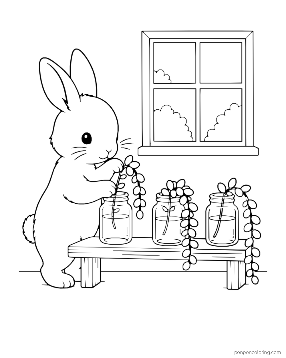 Rabbit placing trailing round-leaf succulent cuttings into three jars on a table beneath a window.