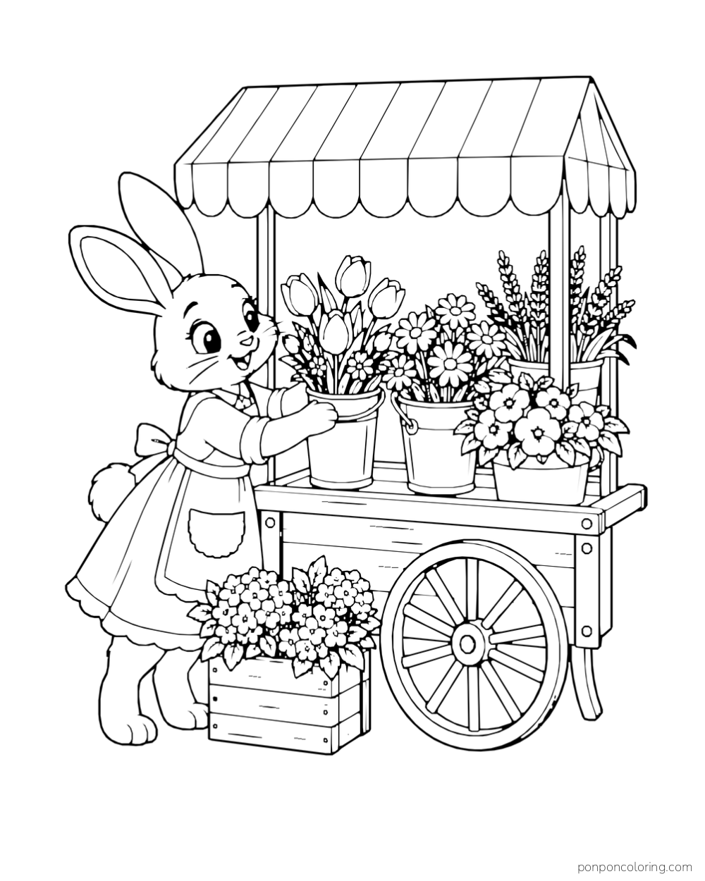A rabbit arranges pots of flowers on a cart with a striped awning.