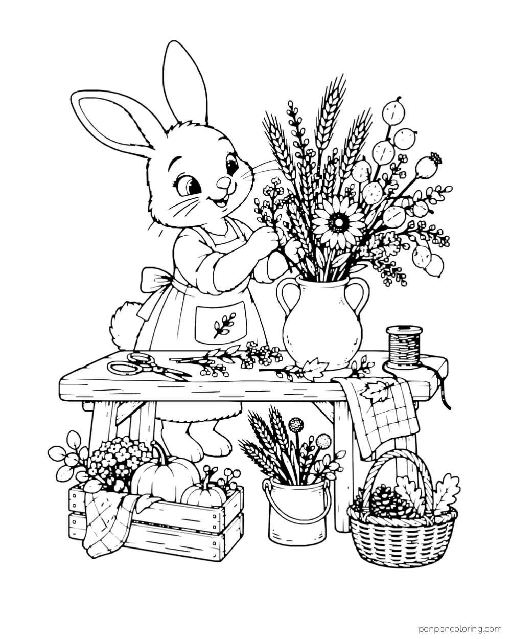 A rabbit arranges flowers, wheat, and seed heads in a vase on a workbench.