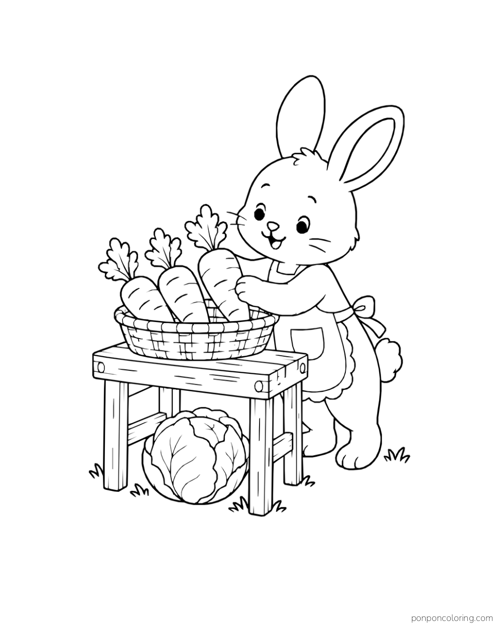 A rabbit arranging three carrots in a basket on a wooden stand with a cabbage below.