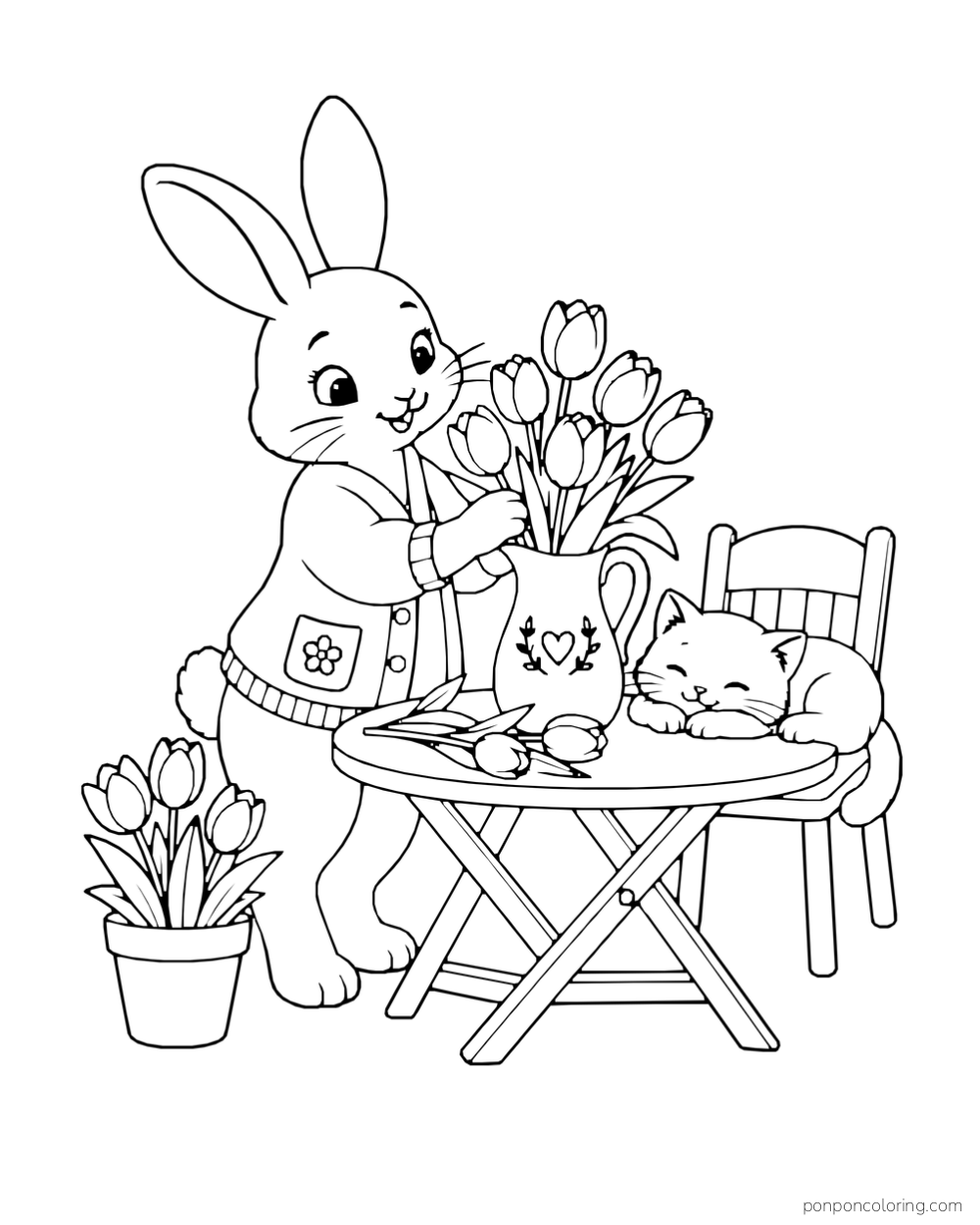A rabbit arranges tulips in a pitcher at a round table while a kitten sleeps beside the flowers.