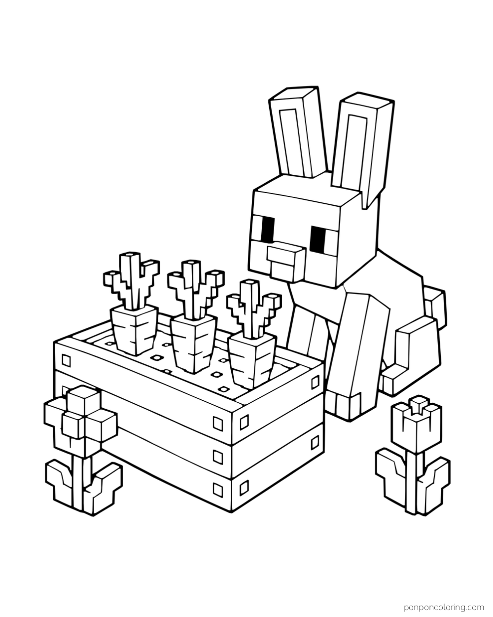 A blocky rabbit sits behind a raised carrot planter with two flowers.