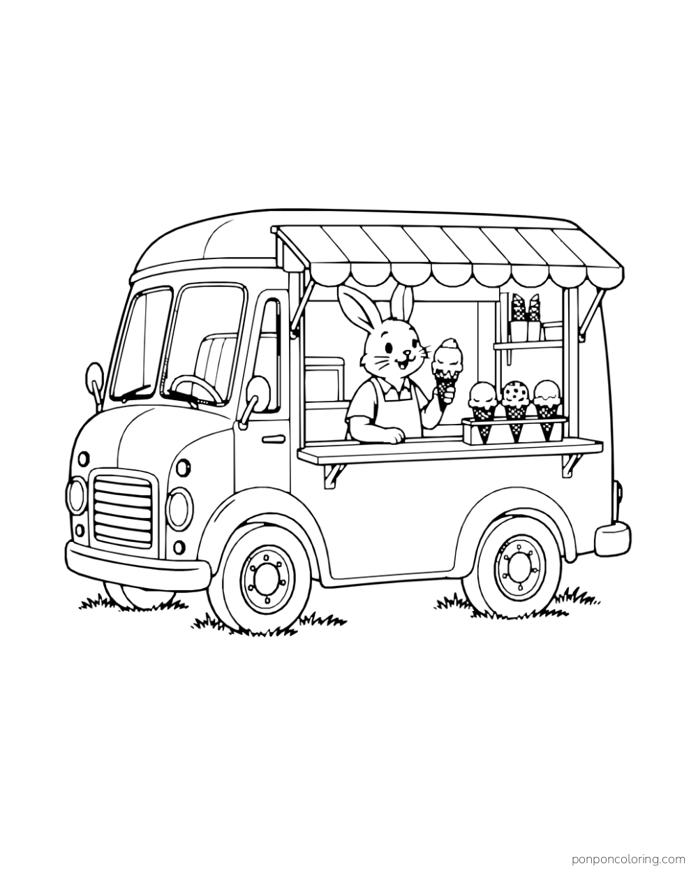 A rabbit vendor appears at the open serving hatch of an ice cream truck beside a cone rack.