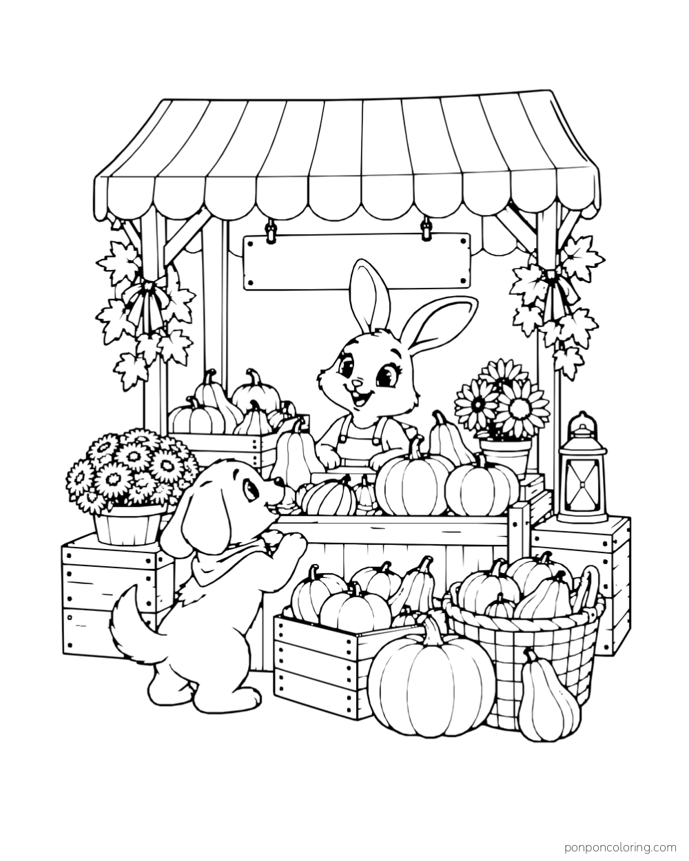A rabbit serves a puppy at a pumpkin stand with gourds, flowers, baskets, and wooden crates.
